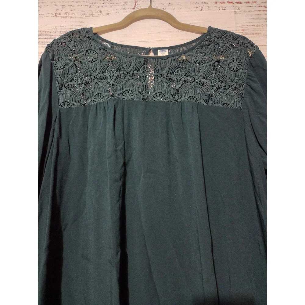 Old Navy Womens XL Forest Green Crochet Lace Yoke Long Sleeve Rayon Blouse Top